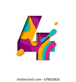 Paper cut number Four letter. Realistic 3D multi layers papercut effect isolated on white background. Figure of alphabet letter font. Decoration element for birthday or wedding greeting design