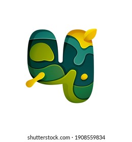 Paper cut number four logo. Layer carving style effect icon. Green origami element perfect for agriculture labels, eco friendly food emblem, landscape posters and garden identity, etc.
