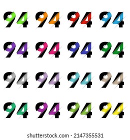 Paper cut number ninety four 94. Realistic 3D multi layers papercut effect isolated on white background. Figure of alphabet letter font. Decoration element for birthday or wedding greeting design
