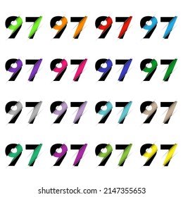 Paper cut number ninety seven 97. Realistic 3D multi layers papercut effect isolated on white background. Figure of alphabet letter font. Decoration element for birthday or wedding greeting design
