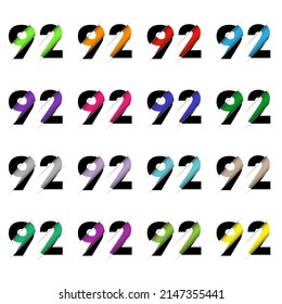 Paper cut number ninety two 92. Realistic 3D multi layers papercut effect isolated on white background. Figure of alphabet letter font. Decoration element for birthday or wedding greeting design