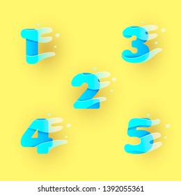 Paper cut number , one, two, three, four, fove figure 1, 2, 3, 4, 5. Numbers and liquid forms, water liquid. Vector Illustration.   