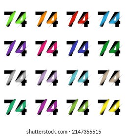 Paper cut number seventy four 74. Realistic 3D multi layers papercut effect isolated on white background. Figure of alphabet letter font. Decoration element for birthday or wedding greeting design