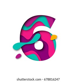 Paper cut number Six letter. Realistic 3D multi layers papercut effect isolated on white background. Figure of alphabet letter font. Decoration element for birthday or wedding greeting design