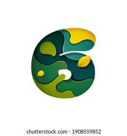 Paper cut number six logo. Layer carving style effect icon. Green origami element perfect for agriculture labels, eco friendly food emblem, landscape posters and garden identity, etc.