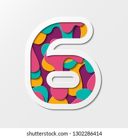 Paper cut Number Six Symbol (6). Realistic 3D multi layers paper cut effect isolated on white background.