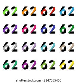 Paper cut number sixty two 62. Realistic 3D multi layers papercut effect isolated on white background. Figure of alphabet letter font. Decoration element for birthday or wedding greeting design