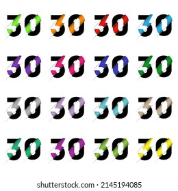 Papierschnitt Nr. 30. Realistischer 3D-Mehrschichtenpapiereffekt einzeln auf weißem Hintergrund. Abbildung der Schriftart für Buchstaben. Dekorationselemente für Geburtstag- oder Hochzeitsgrußdesign