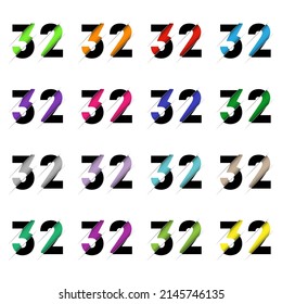 Paper cut number thirty two 32. Realistic 3D multi layers papercut effect isolated on white background. Figure of alphabet letter font. Decoration element for birthday or wedding greeting design