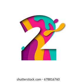 Paper cut number Two letter. Realistic 3D multi layers papercut effect isolated on white background. Figure of alphabet letter font. Decoration element for birthday or wedding greeting design