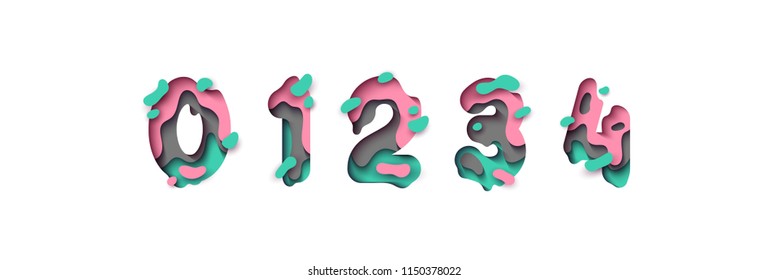 Paper cut number zero, one, two, three, four, figure 0, 1, 2, 3, 4. Design 3d sign isolated on white background. Alphabet font of melting liquid.