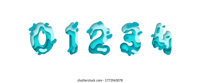 Paper cut number zero, one, two, three, four, figure 0, 1, 2, 3, 4. Design 3d sign isolated on white background. Alphabet font of melting liquid.