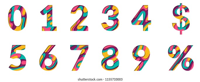 Paper cut numbers. Blue pink 3D multi layers papercut effect isolated on white background. Figures of alphabet letter paper cut font. 0 1 2 3 4 5 6 7 8 9 numbers for birthday or wedding anniversary.