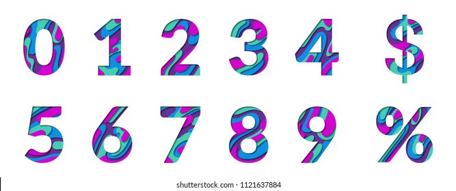 Paper cut numbers. Blue violet 3D multi layers papercut effect isolated on white background. Figures of alphabet letter paper cut font. 0 1 2 3 4 5 6 7 8 9 numbers for birthday or wedding anniversary.