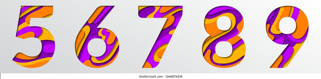 Paper cut numbers. Orange violet 3D multilayer papercut effect isolated figures of alphabet letter paper cut font. 5 6 7 8 9 numbers for birthday or wedding anniversary. Five, six, seven, eight, nine