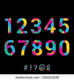 Paper cut numbers and symbols. Realistic 3D multilayer papercut effect. Figures of alphabet letter font. Fluid ink liquid effect in vivid colors. Colorful numbers isolated against a dark background.