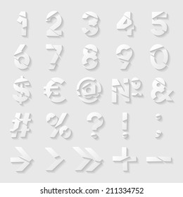 Paper cut numbers and symbols. Vector illustration. 