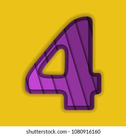 Paper cut numeral 4. 3D papercut effect isolated on yellow background. Violet character of alphabet letter font; number four.