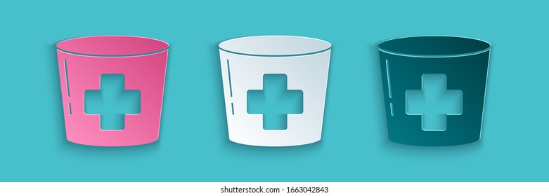 Paper cut Nurse hat with cross icon isolated on blue background. Medical nurse cap sign. Paper art style. Vector Illustration