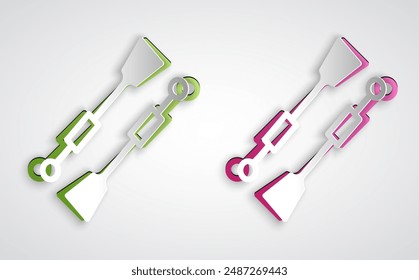 Paper cut Oars or paddles boat icon isolated on grey background. Paper art style. Vector