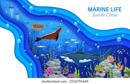 Paper cut ocean waves and sea underwater animals with fishes, cartoon vector background. Save ocean and marine life poster with shark, seal and turtle or fishes of coral reef in paper cut underwater