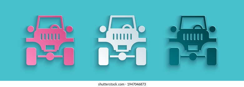 Paper cut Off road car icon isolated on blue background. Jeep sign. Paper art style. Vector