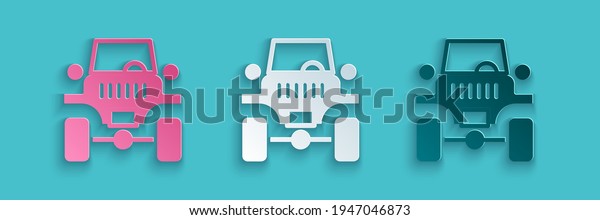 Paper cut Off road car icon isolated on\
blue background. Jeep sign. Paper art style.\
Vector