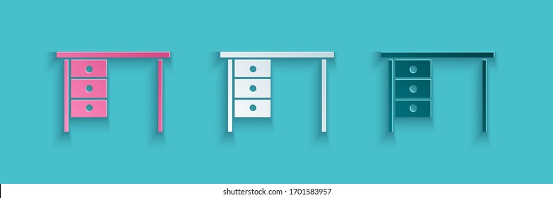 Paper cut Office desk icon isolated on blue background. Paper art style. Vector Illustration