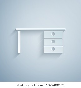 Paper cut Office desk icon isolated on grey background. Paper art style. Vector.