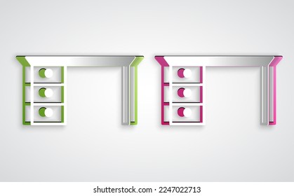 Paper cut Office desk icon isolated on grey background. Paper art style. Vector