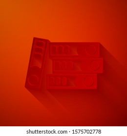 Paper cut Office folders with papers and documents icon isolated on red background. Office binders. Archives folder sign. Paper art style. Vector Illustration