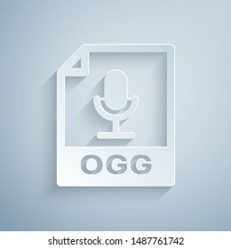 Paper cut OGG file document. Download ogg button icon isolated on grey background. OGG file symbol. Paper art style. Vector Illustration