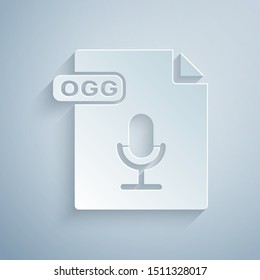 Paper cut OGG file document. Download ogg button icon isolated on grey background. OGG file symbol. Paper art style. Vector Illustration