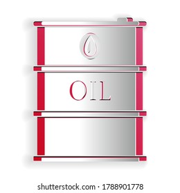 Paper cut Oil barrel icon isolated on white background. Oil drum container. For infographics, fuel, industry, power, ecology. Paper art style. Vector.