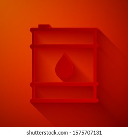 Paper cut Oil barrel line icon isolated on red background. Oil drum container. For infographics, fuel, industry, power, ecology. Paper art style. Vector Illustration