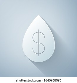 Paper cut Oil drop with dollar symbol icon isolated on grey background. Paper art style. Vector Illustration