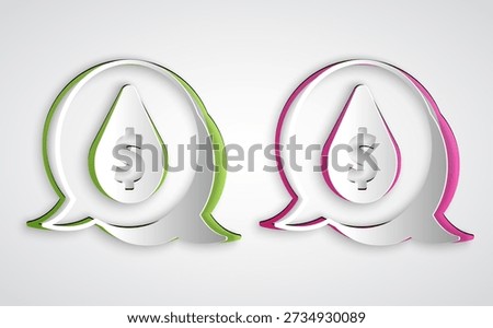 Paper cut Oil drop with dollar symbol icon isolated on grey background. Oil price. Oil and petroleum industry. Paper art style. Vector