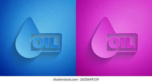 Icono de la gota de aceite del corte de papel aislado en fondo azul y púrpura. Estilo de arte de papel. Vector