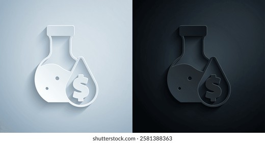 Paper cut Oil petrol test tube icon isolated on grey and black background. Cmemistry flask and falling drop. Paper art style. Vector