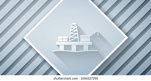 Paper cut Oil platform in the sea icon isolated on grey background. Drilling rig at sea. Oil platform, gas fuel, industry offshore. Paper art style. Vector Illustration