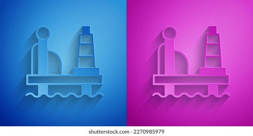 Paper cut Oil platform in the sea icon isolated on blue and purple background. Drilling rig at sea. Oil platform, gas fuel, industry offshore. Paper art style. Vector