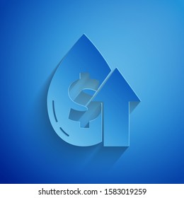 Paper cut Oil price increase icon isolated on blue background. Oil industry crisis concept. Paper art style. Vector Illustration