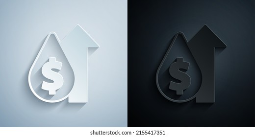 Paper Cut Oil Price Increase Icon Isolated On Grey And Black Background. Oil Industry Crisis Concept. Paper Art Style. Vector