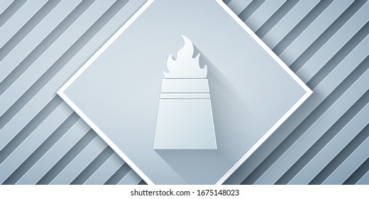 Paper cut Oil rig with fire icon isolated on grey background. Fire accident. Gas tower. Industrial object. Paper art style. Vector Illustration