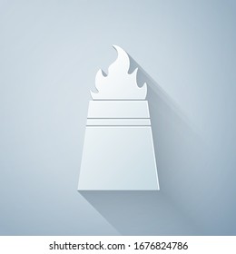 Paper cut Oil rig with fire icon isolated on grey background. Fire accident. Gas tower. Industrial object. Paper art style. Vector Illustration