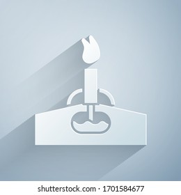 Paper cut Oil rig with fire icon isolated on grey background. Gas tower. Industrial object. Paper art style. Vector Illustration