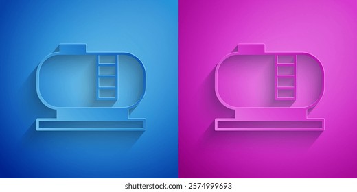 Paper cut Oil tank storage icon isolated on blue and purple background. Vessel tank for oil and gas industrial. Oil tank technology station. Paper art style. Vector