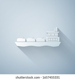 Paper cut Oil tanker ship icon isolated on grey background. Paper art style. Vector Illustration