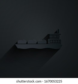 Paper cut Oil tanker ship icon isolated on black background. Paper art style. Vector Illustration