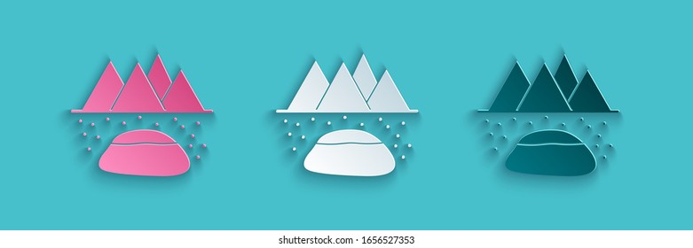 Paper cut Oilfield icon isolated on blue background. Natural resources, oil and gas production. Paper art style. Vector Illustration